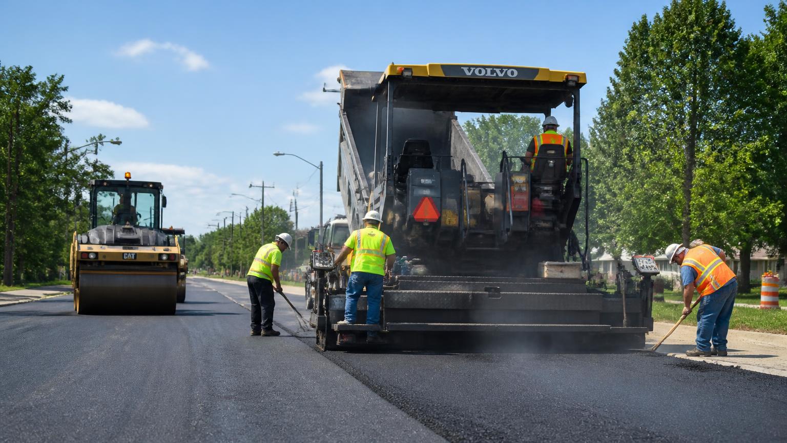 Paving crew laying hot mix asphalt behind a paver while a roller compacts the mat